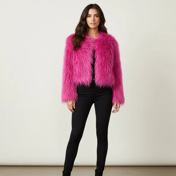 Ailubaodan Hot Pink Faux Fur Jacket Fuchsia - Picture 2 of 7